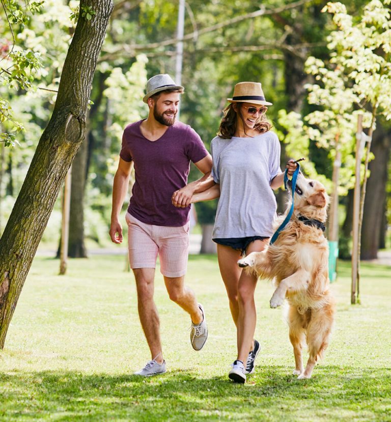 Young couple running and playing with their dog outdoors in the morning